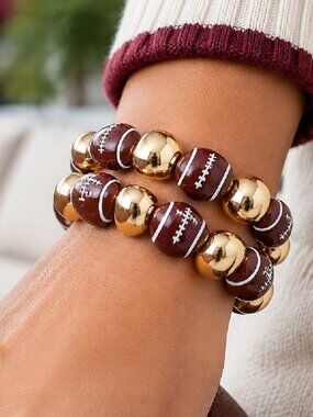 Set of 2 Football Beaded Stretch Bracelets Game Day Sports Gold Brown